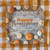 Autumn Pumpkins and Leaves on Wood Thanksgiving Paper Plates