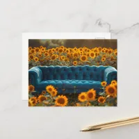 Old Blue Couch in Sunflowers Postcard