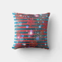 Red And Blue Stripes Snowflakes Sparkles & Lights Throw Pillow