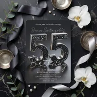 Elegant Black And Silver Glitter 55th Birthday Invitation