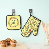 Folk Art Floral Pastels on Bright Yellow Oven Mitt & Pot Holder Set