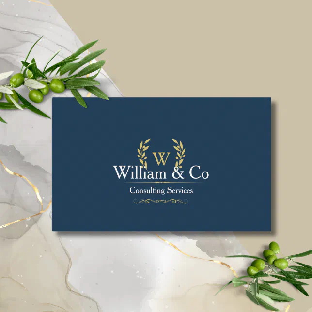 Classic Laurel Wreath Navy Blue Gold Monogram Business Card