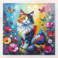 Pretty Colorful Impasto Cat and Flowers Glass Coaster
