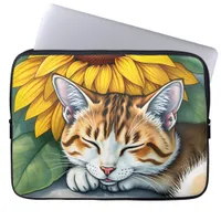 Sweet Sleepy Kitty Cat and Sunflowers Laptop Sleeve