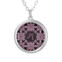 Pretty Pink Black Floral Leaves Filigree Monogram  Silver Plated Necklace