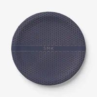 Modern Rose Gold Foil Navy Blue Hexagon Monogram Paper Plates