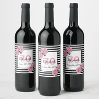 70th birthday pink roses black white stripes wine label