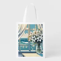 Pretty Ocean View and Vase of Flowers  Grocery Bag