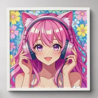 Cute Pink Anime Girl with Headphones Peel And Stick Photo Tile