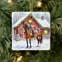 A Festive Brown Horse and Winter Barn Christmas Ceramic Ornament