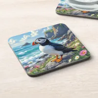 Cute Puffin on the Seashore themed   Beverage Coaster