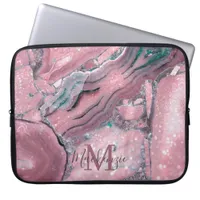 Chic Rose Gold Agate Geode Sparkle Monogram Laptop Sleeve