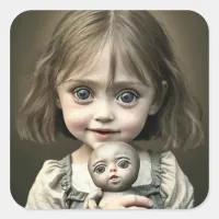 Little Girl with Creepy Doll Eerie Ai Art Square Sticker