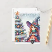 A Cute Witch and a Christmas Tree Postcard