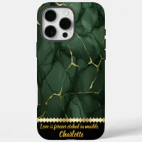 Intricate patterns of green and gold marble decor iPhone 16 pro max case