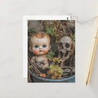 Macabre Doll and Skeleton in a Plant Postcard