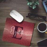 Maroon Rose Glitter Monogram Name Mouse Pad