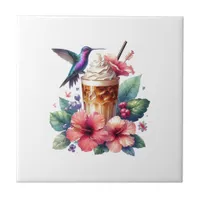 Iced Coffee & Hummingbird Floral Art Ceramic Tile