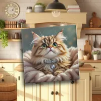 Cute Gray Fluffy Tabby Cat with Diamond Collar Ceramic Tile