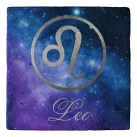 Grey Zodiac Leo & sign on blue galaxy | Trivet