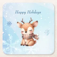 Cute Cartoon Deer in Snow Square Paper Coaster