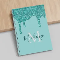 Girly Teal Aqua Sparkle Glitter Drips Monogram Notebook