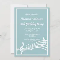 30th birthday party music notes teal blue invitation