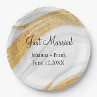 Just Married White and Gold Agate Paper Plates