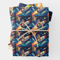 Cute Rockets in Space Astronaut Birthday Wrapping Paper Sheets