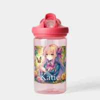 Anime Girl and Butterfly Watercolor Personalized Water Bottle