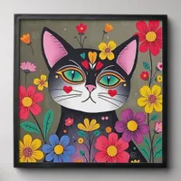 Cute Folk Art Black Cat and Flowers Peel And Stick Photo Tile