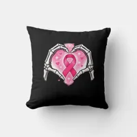 Breast Cancer Skeleton Hand Heart Sign Ribbon Awar Throw Pillow