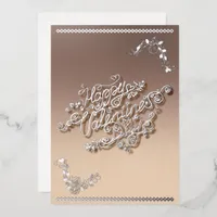 Happy Valentine’s Day silver calligraphy and roses Foil Holiday Card