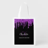 Black purple glitter drips monogram initials  grocery bag