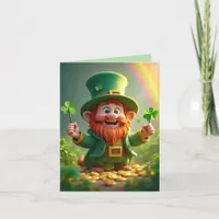 Funny leprechaun with shamrocks and gold coins holiday card