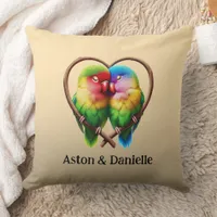 Cute Lovebirds Cuddling in a Heart Shaped Bough Throw Pillow