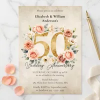 Watercolor Blush Pink Floral Gold 50th Anniversary Invitation