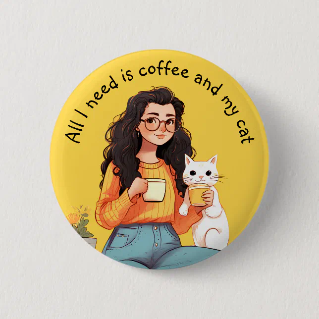 Happiness is Coffee & Cat Cute Yellow Button