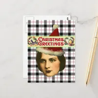 Vintage Christmas Woman in Santa Hat Postcard