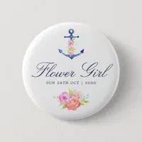 Watercolor Floral Nautical Wedding Flower Girl Button