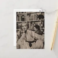 Woman in the library in the 1930s era  postcard