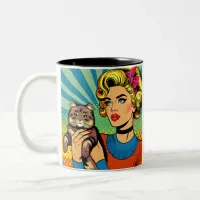 Cartoon Comic Pop Art Women Holding Cat Two-Tone Coffee Mug