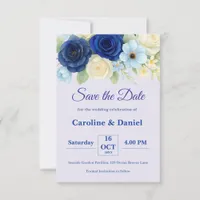 Navy Royal Bue Wedding Watercolor Ivory Flowers Save The Date
