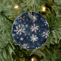 Simple Dark Blue with Snowflakes All Over Print Ceramic Ornament