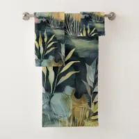 Watercolor Foliage Black Pink Yellow Abstract Bath Towel Set