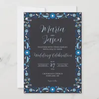 Mexican Navy Blue Floral Elegant Classic Wedding Invitation