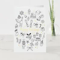 Trendy Hand Drawn Black & White Happy Holidays Foil Greeting Card