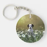 Cute Dalmatian Puppy in Daisies Keychain