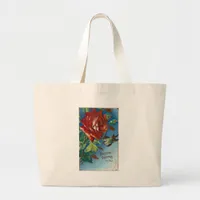 Vintage Birthday Wishes Rose and Bird Large Tote Bag