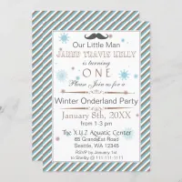 mustache winter wonderland 1st birthday party invitation